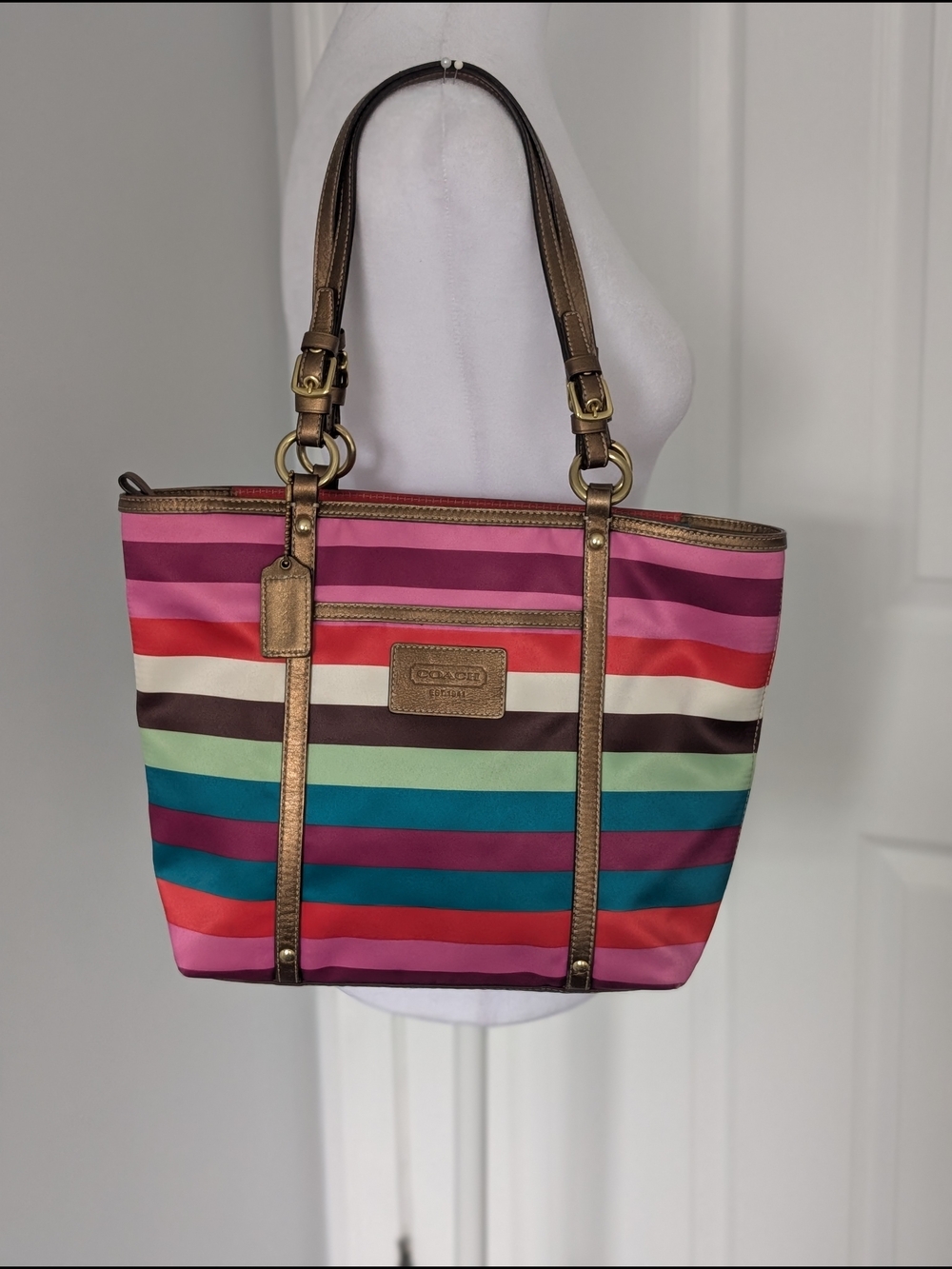 Coach Legacy Stripe Multicolored Sateen Tote with Metallic Leather Trim - Picture 1 of 9